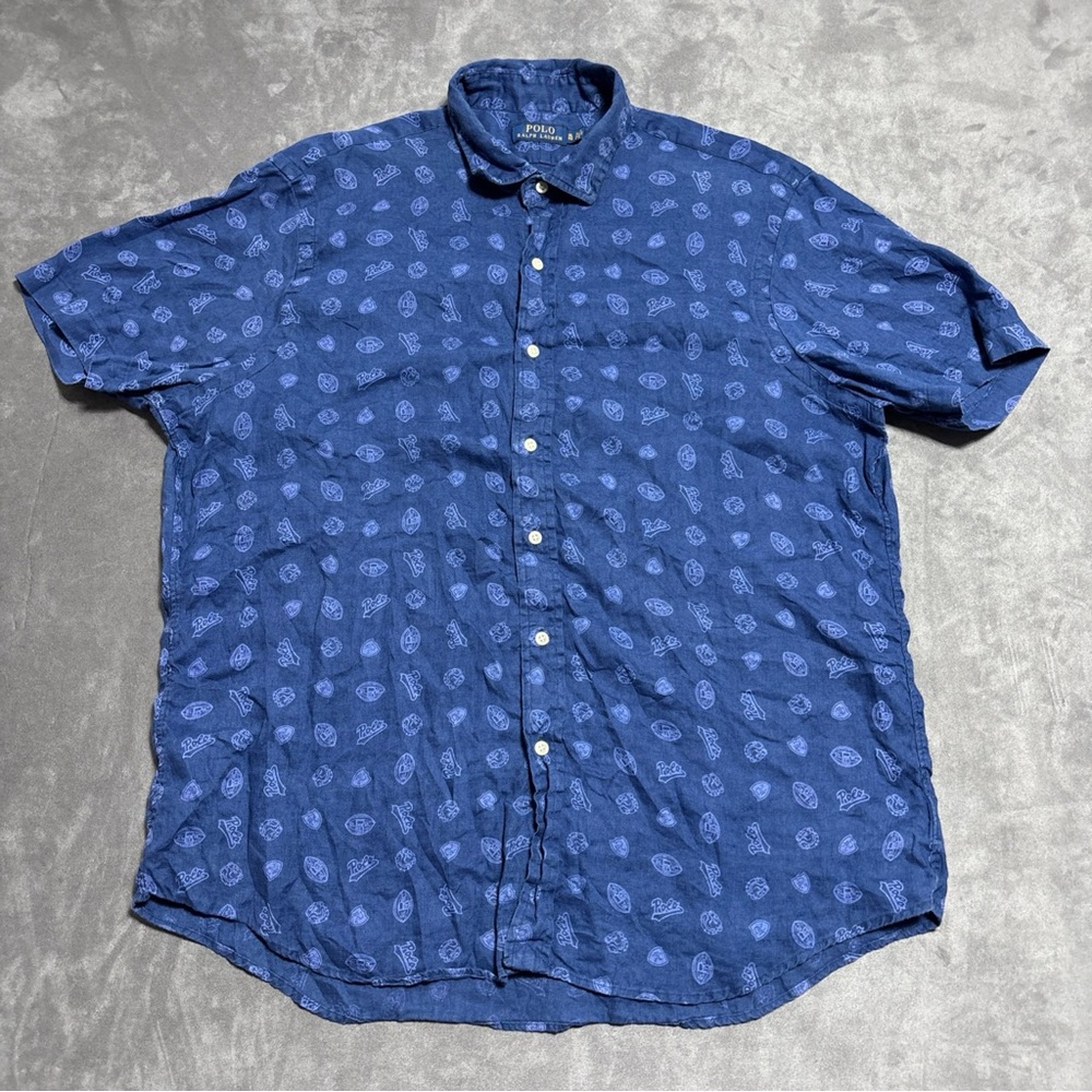 Ralph Lauren Linen Hawaiian Camp Shirt Mens XL Short Sleeve Logos All Over